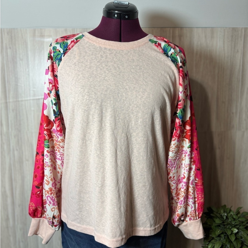 Umgee Cream Top with Floral Sleeves